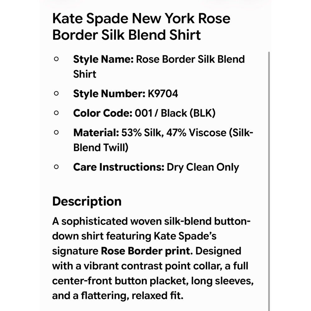 Kate Spade New York Sz XS Rose Border Silk Blend Shirt Black Red Floral K9704 - Picture 5 of 14